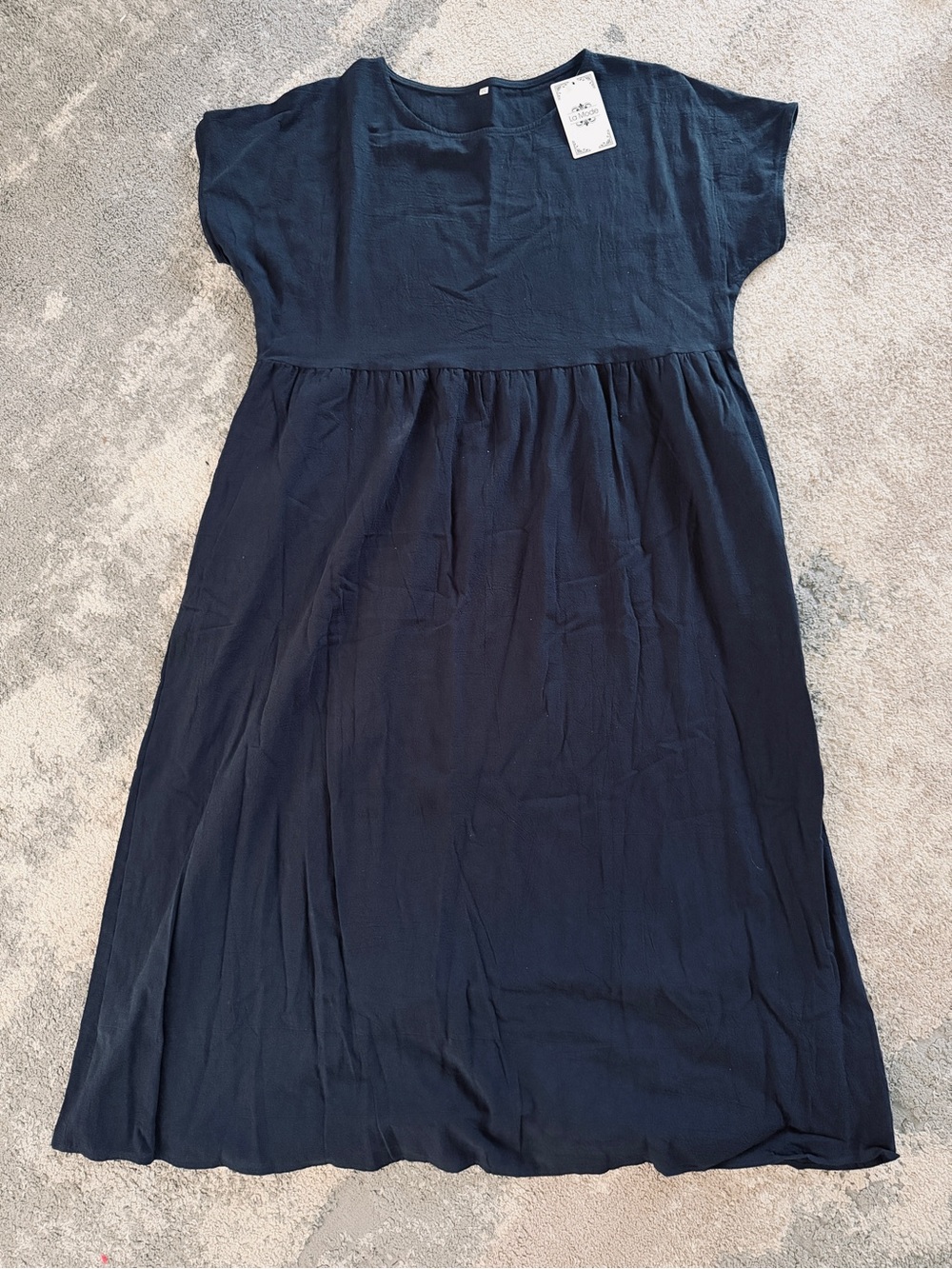 Relaxed Short-Sleeve Dark Navy Gathered-Waist Women's Dress
